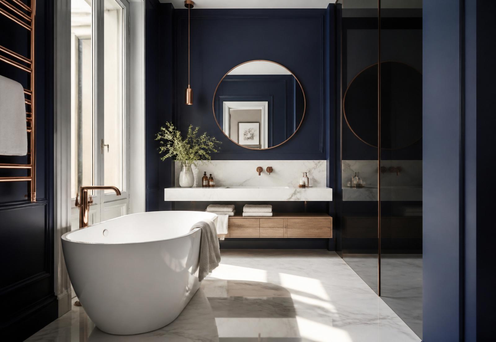 Baño reformado en Ávila con acabados premium en azul marino y cobre